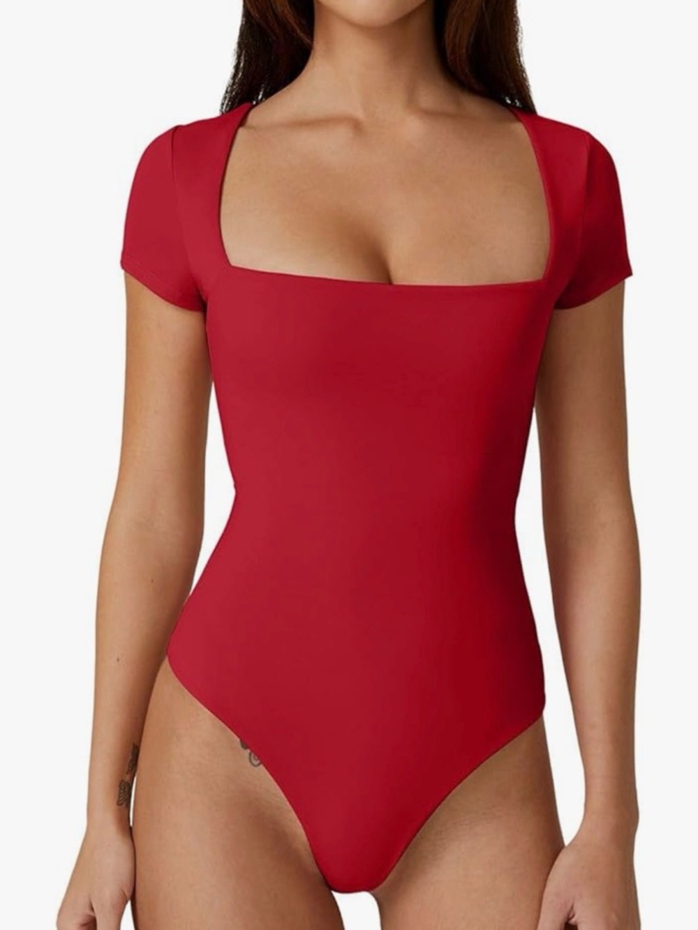Red Square Neck Short Sleeve Bodysuit